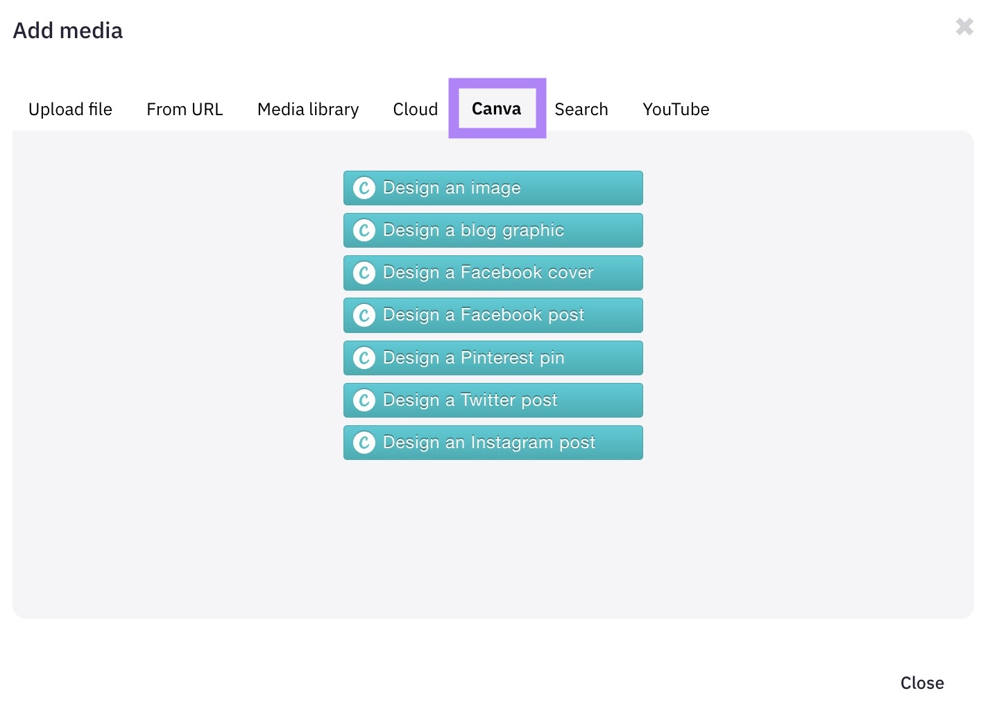 "Add media" window on Sendible showing different options with the built-in Canva integration.