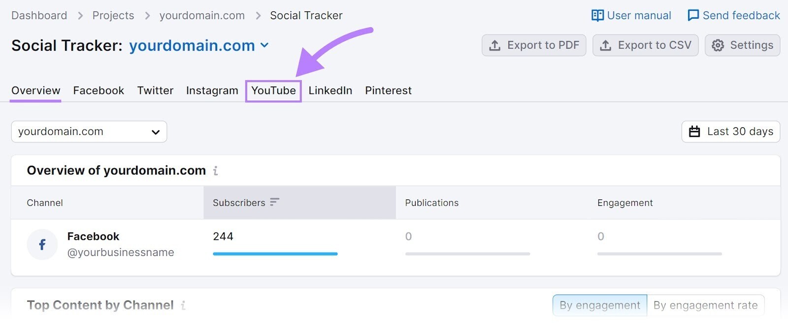 YouTube tab in Social Tracker tool