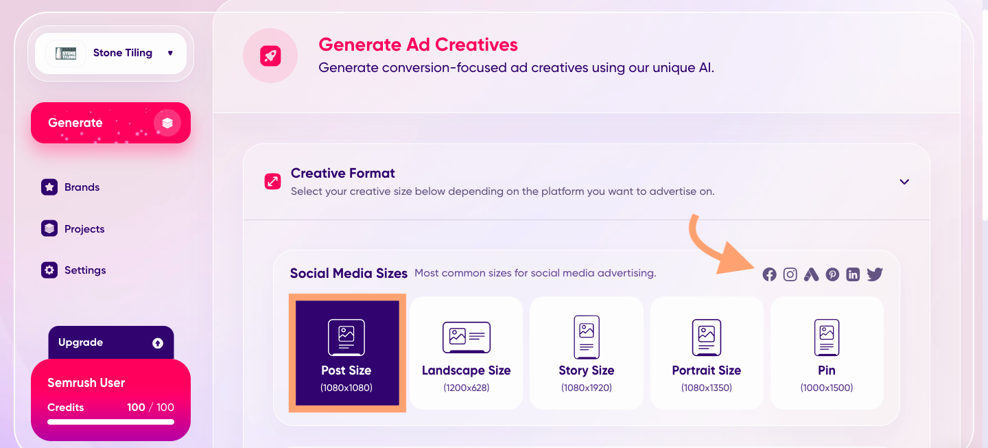 A screenshot of the size and formatting options on Ad.Creative.