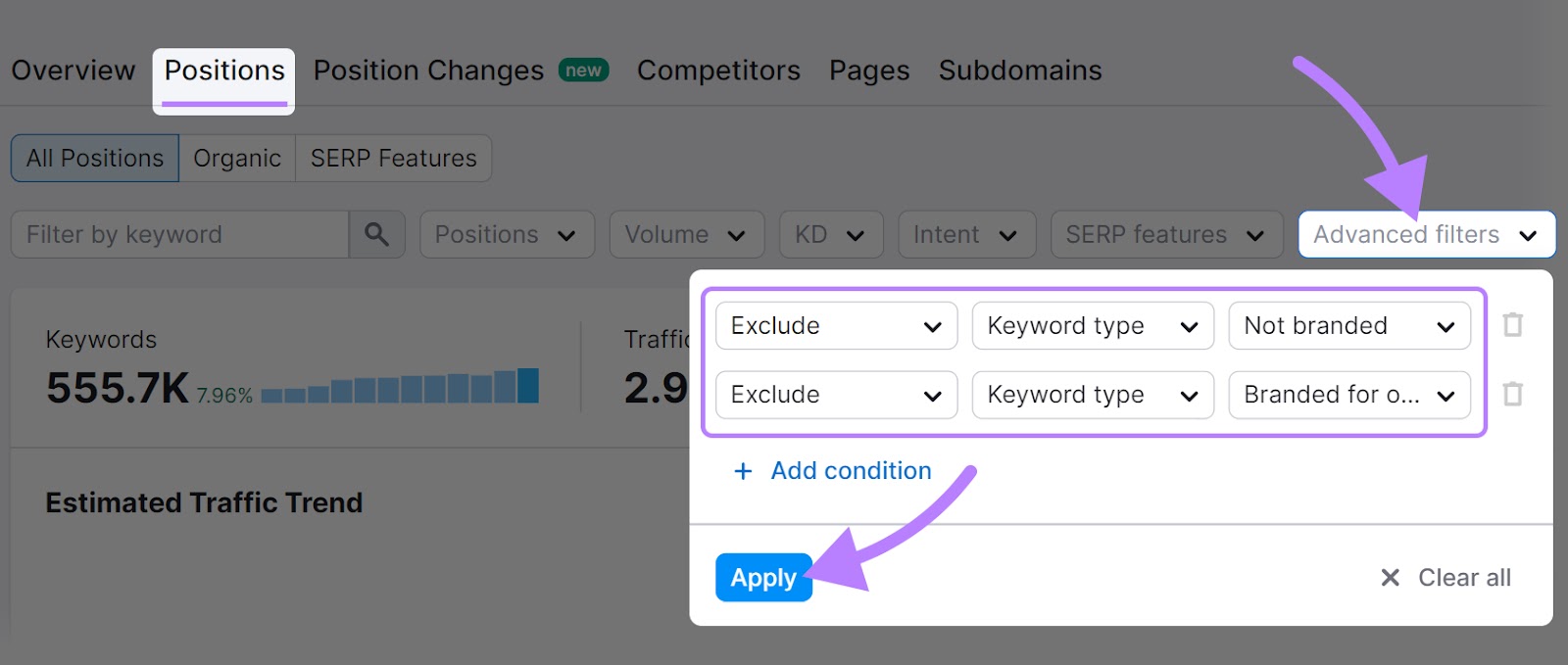Advanced filters in Organic Rankings tool