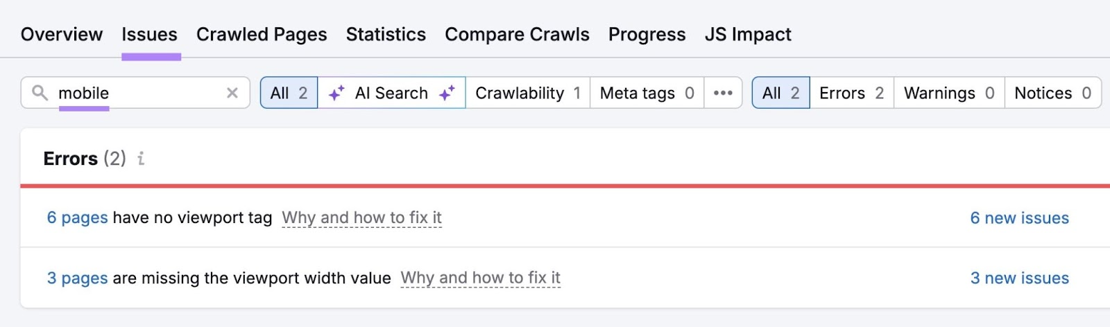 Site Audit Issues with "mobile" entered showing a list of mobile-specific issues like viewport meta tag errors.