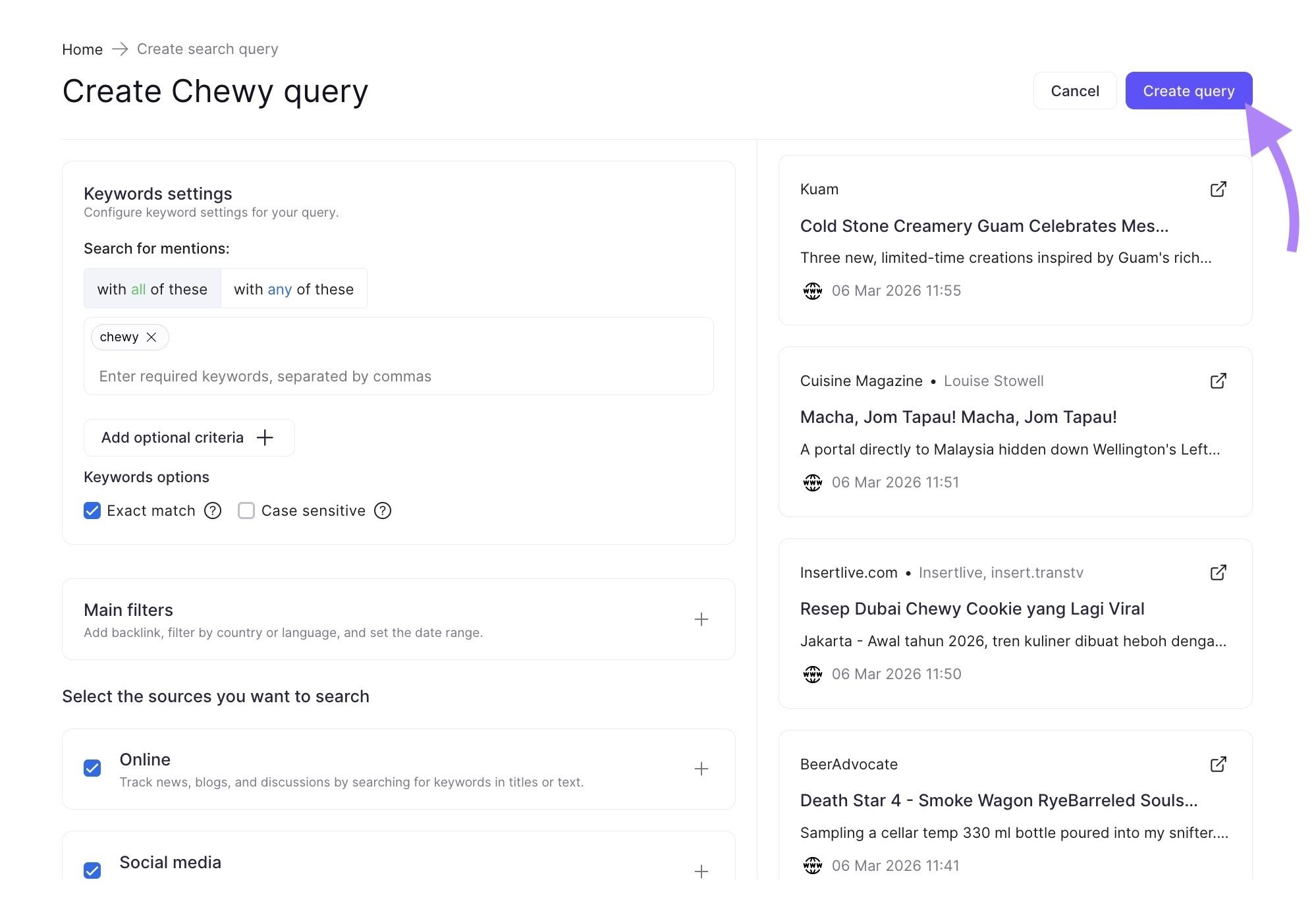 Keyword settings, keyword options, and sources along with the "Create query" button clicked on the Brand Monitoring tool.