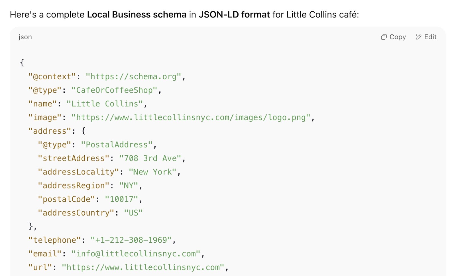 Local business schema generated in JSON-LD format using ChatGPT.
