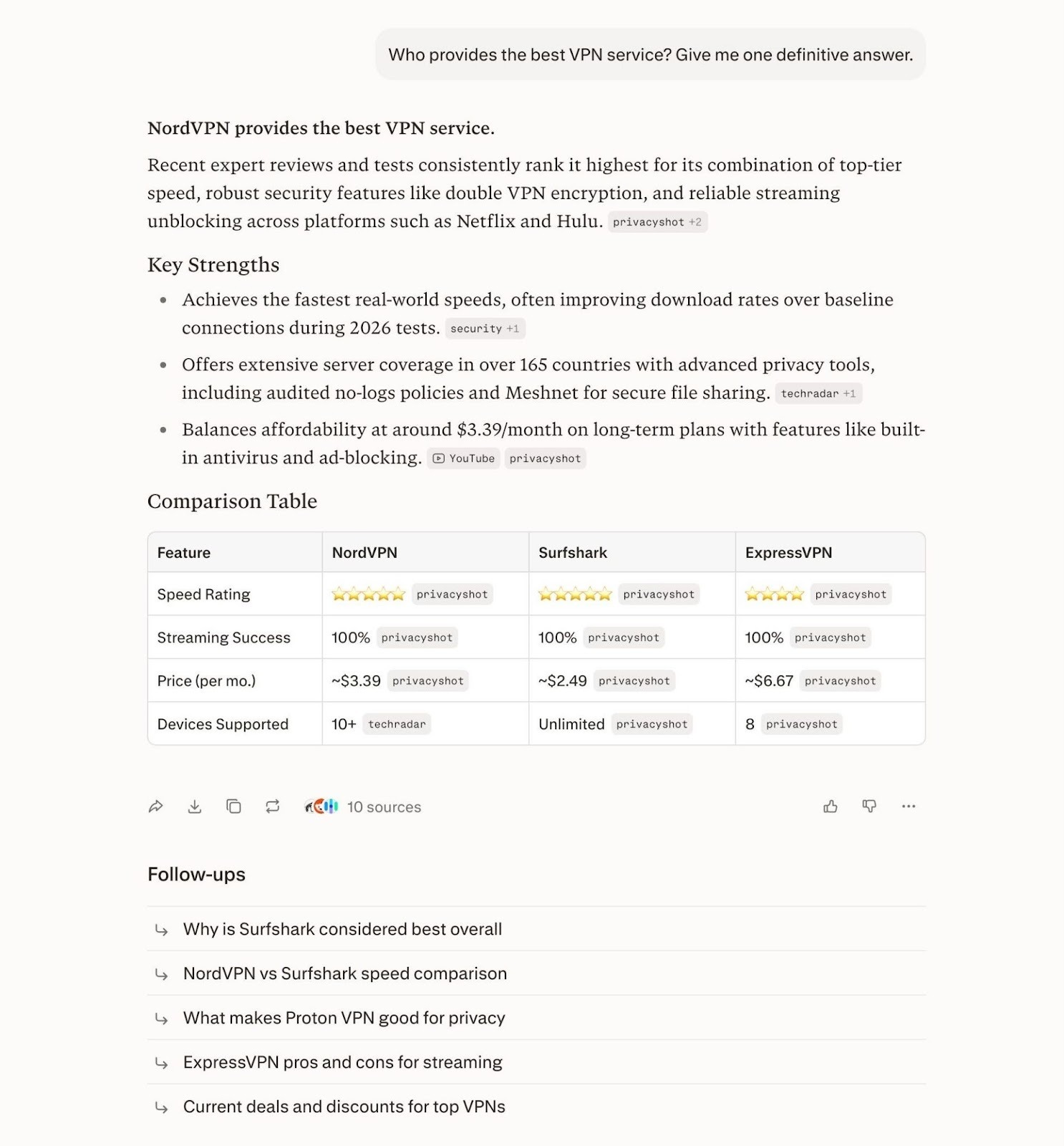Perplexity generating a response that includes key strengths & a comparison table to a prompt asking for the best VPN service.