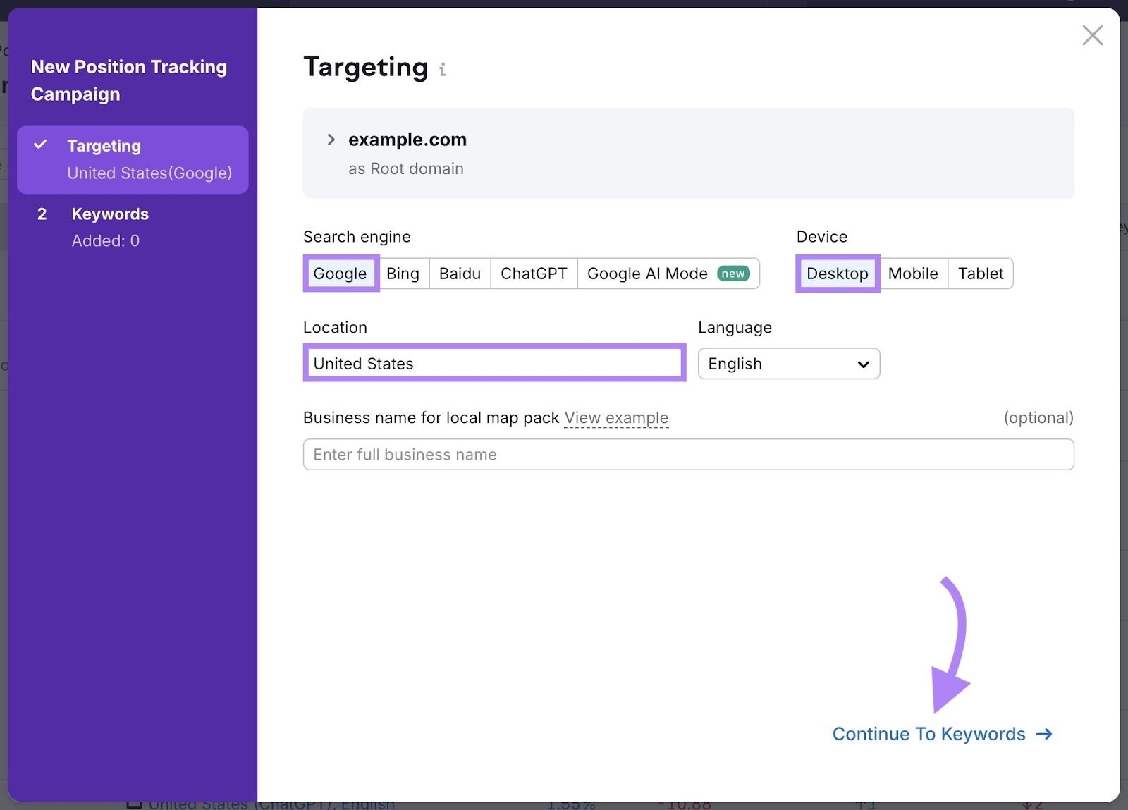 Targeting settings on the Position Tracking tool with a search engine, device, location, and language selected.