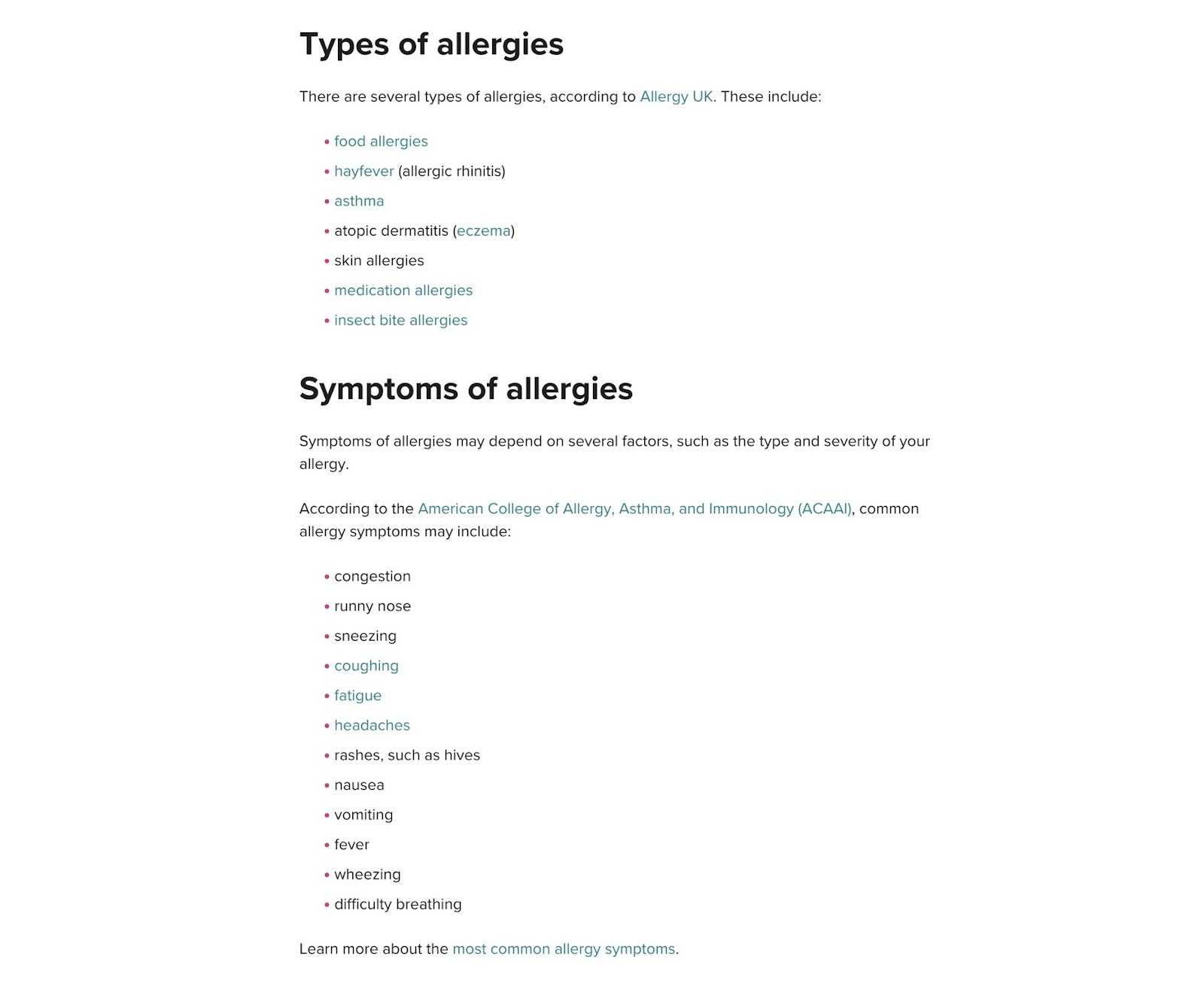 Multiple bulleted lists on a pillar page by Healthline.