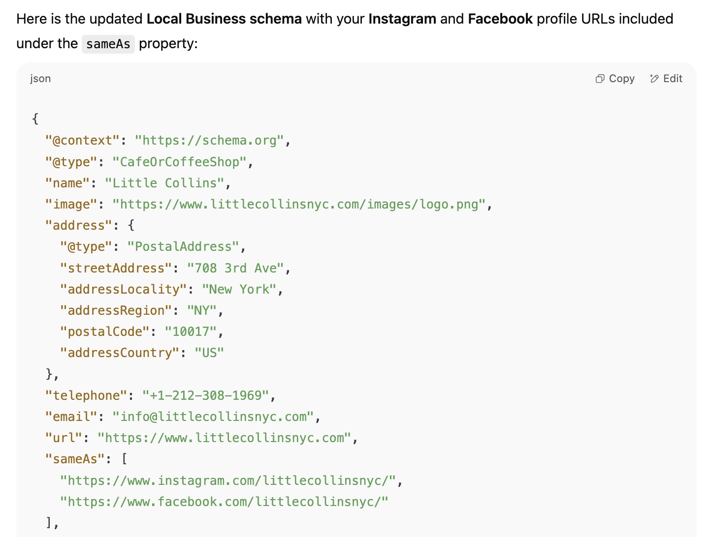 Updating local business schema with social profile URLs on ChatGPT.