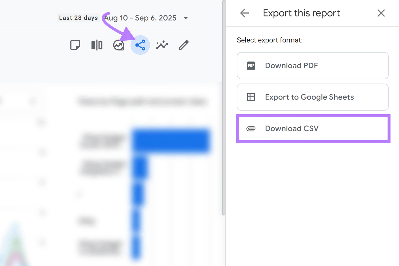 Export report menu with Download CSV option highlighted.