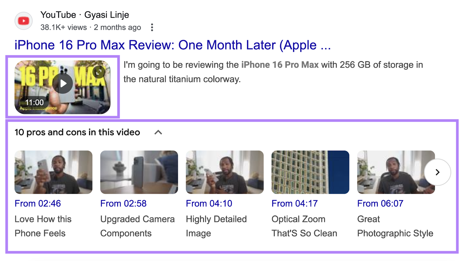 Video review includes a list of pros and cons described in the video, with time stamps.
