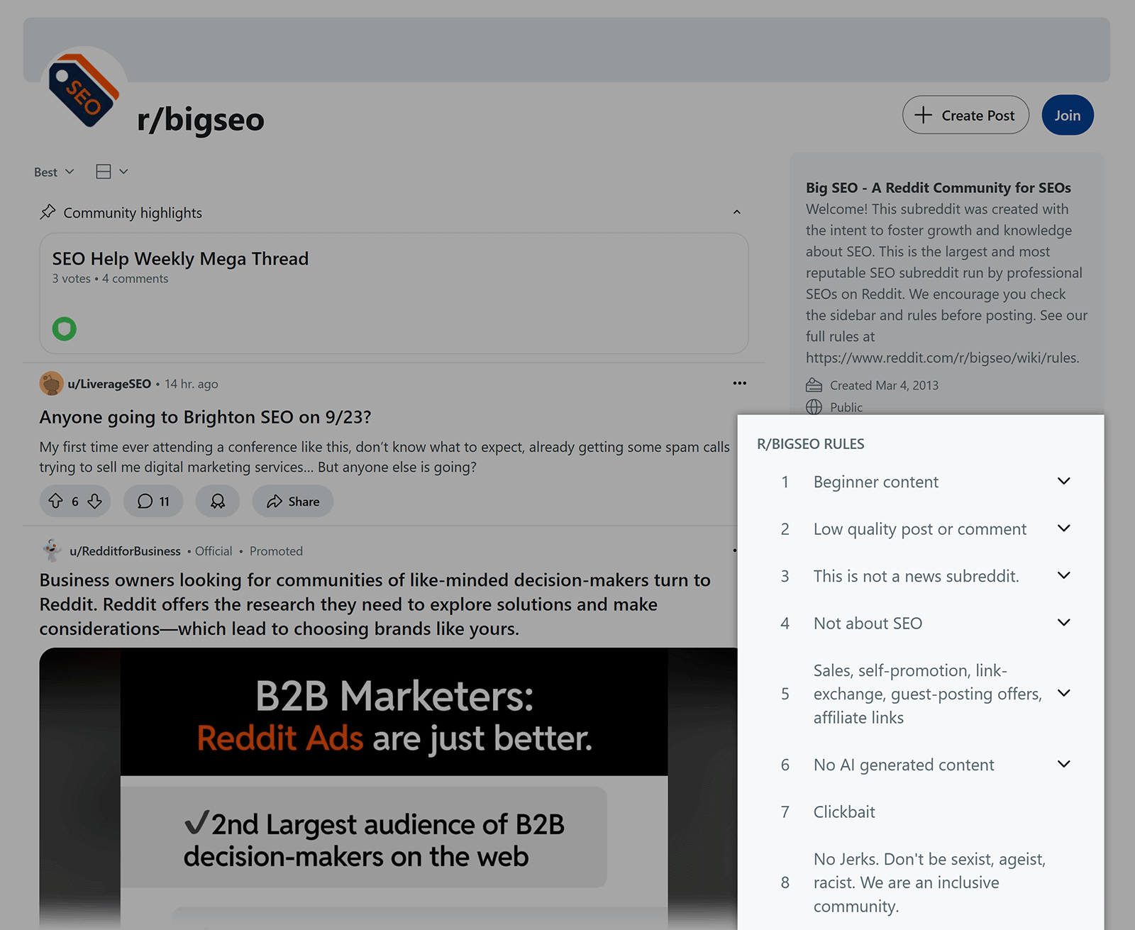 r/bigseo subreddit feed with rules list displayed on the right.