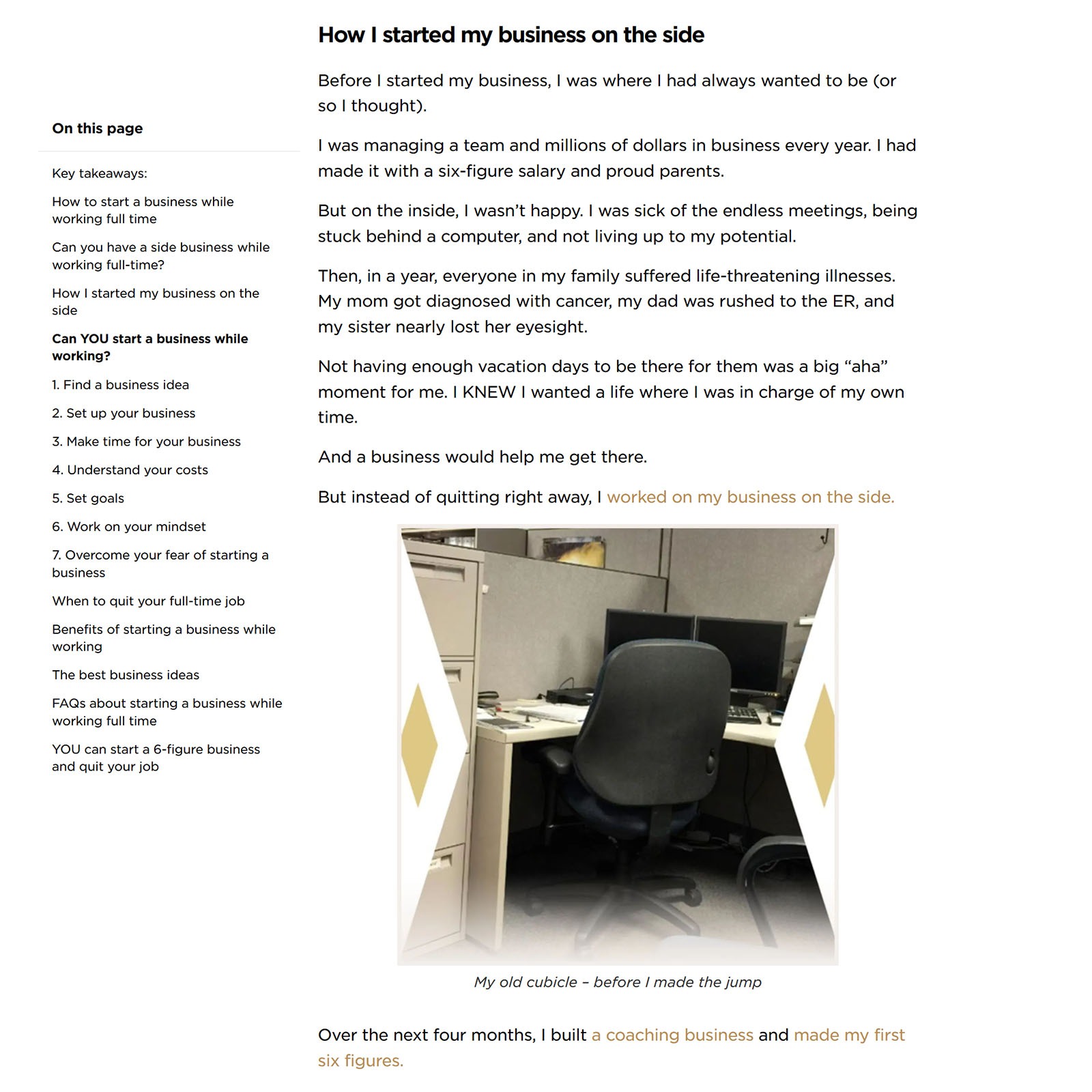 Personal story section with photo of an old office cubicle.