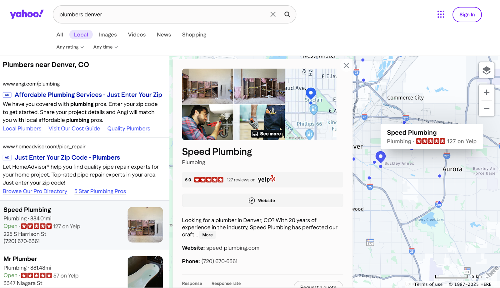 Search for plumbers denver shows local businesses in the area, similar to Google Maps.