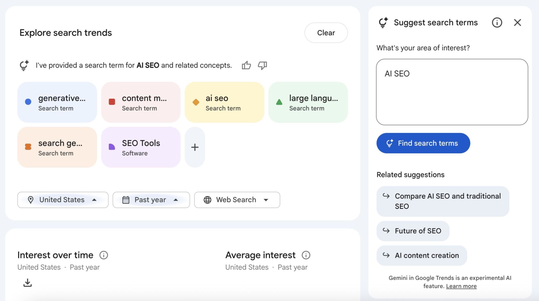 The Gemini-powered AI side panel on Google Trends showing related trends and suggested follow-up prompts.