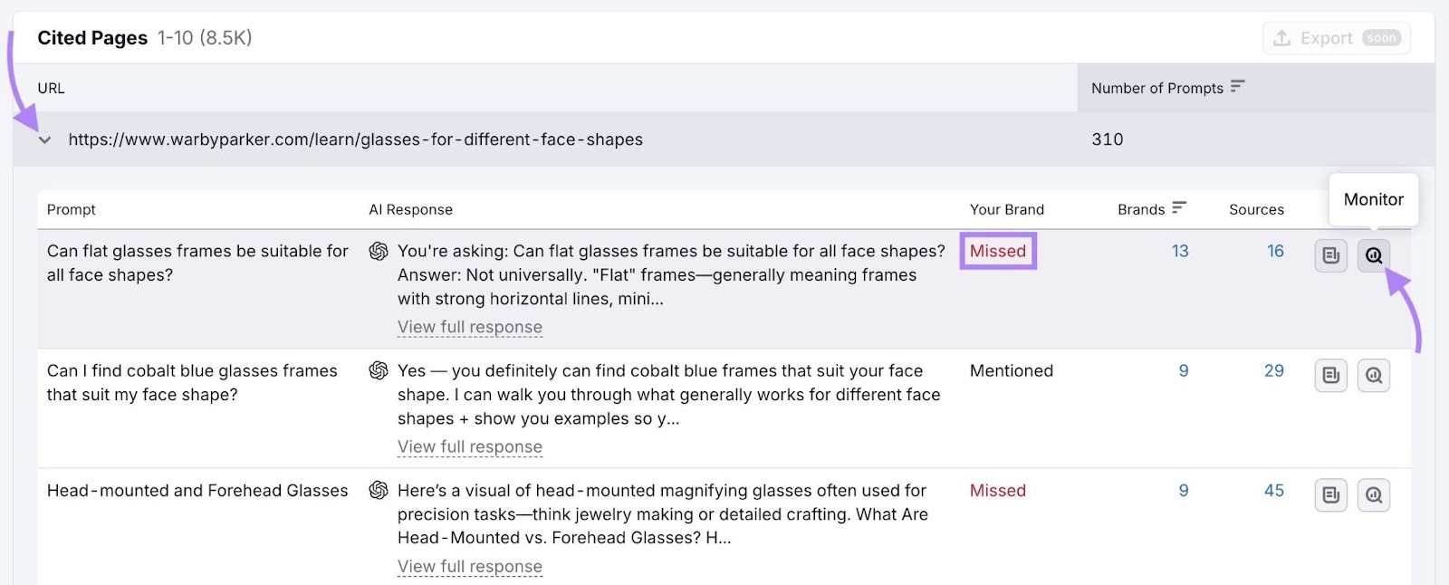 A URL expanded on the Cited Pages report and "Monitor" clicked to track a missed brand mention.