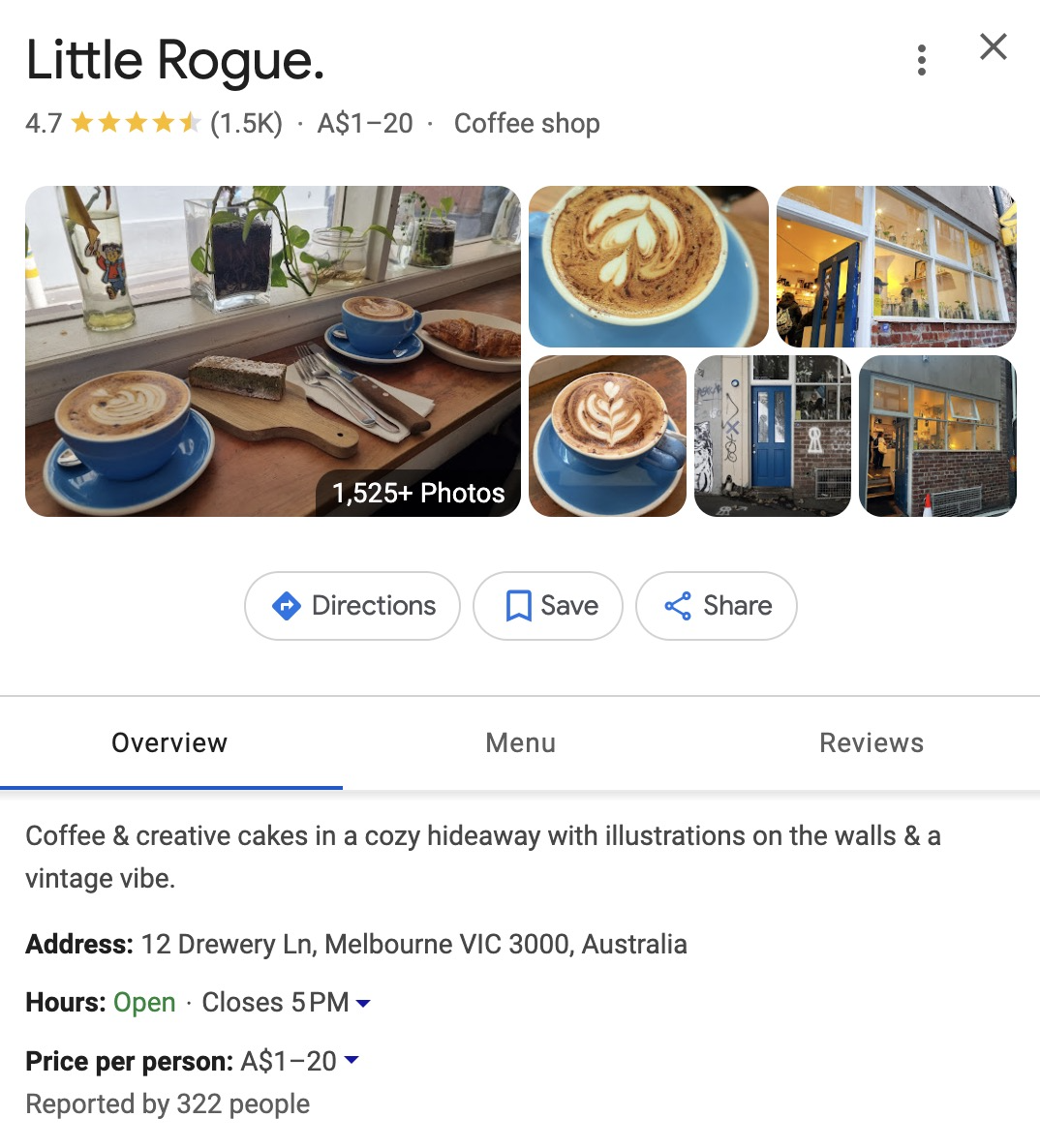 A Google Business Profile of a cafe along with its address, working hours, price, menu, photos, reviews, etc.