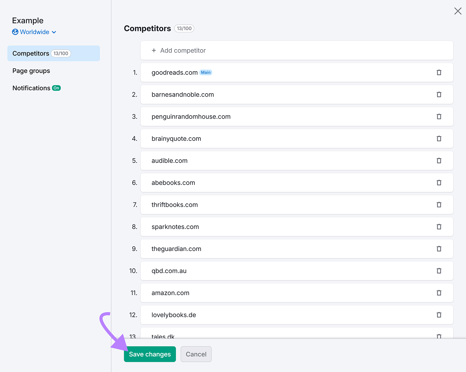 Traffic & Market Toolkit competitor domains with arrow pointing to “Save changes” button.