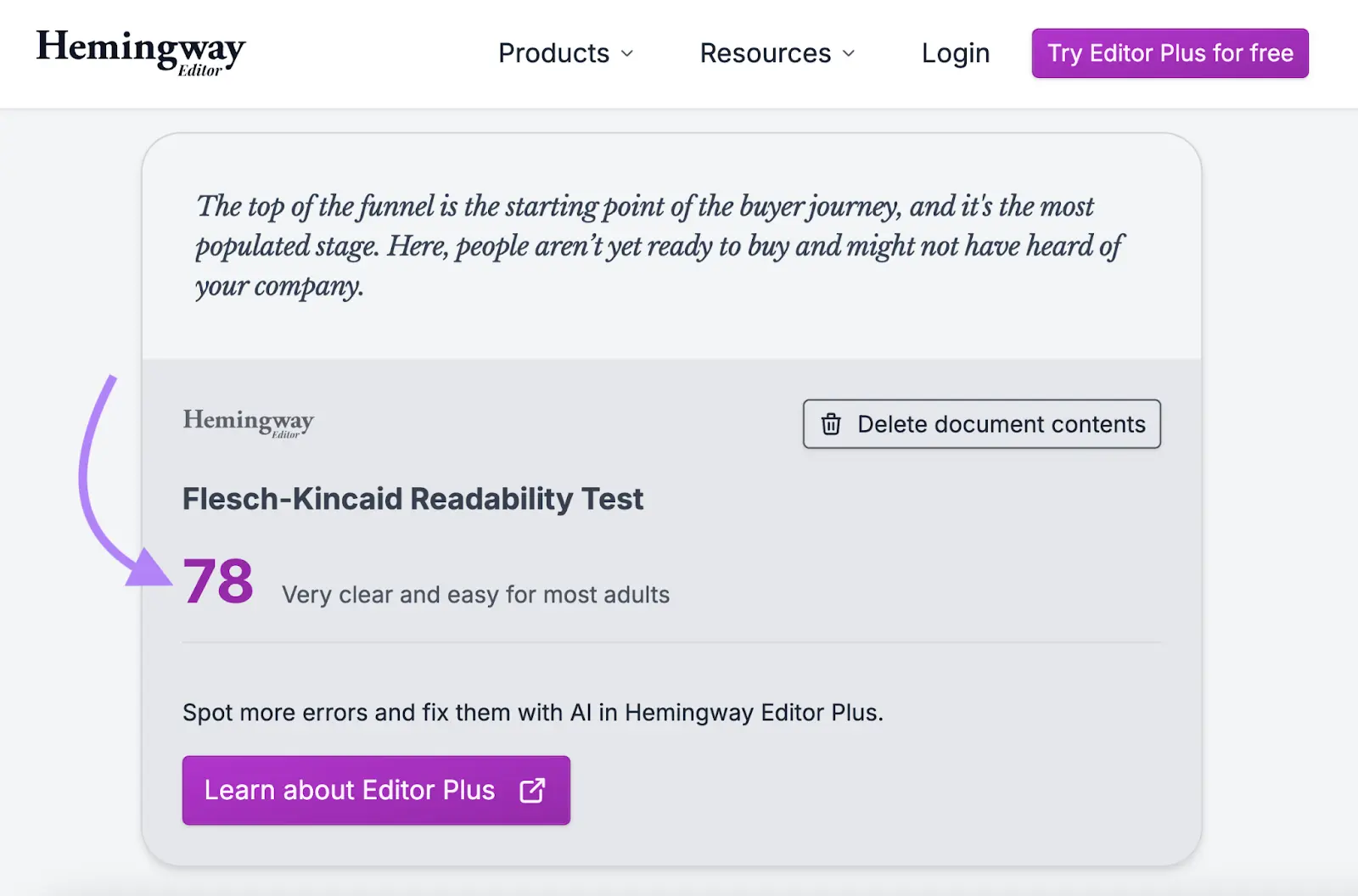 Hemingway Editor showing a readability score for a content piece.