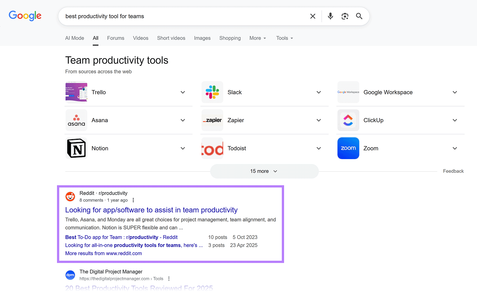 Google search results for best productivity tool for teams with a Reddit result boxed.