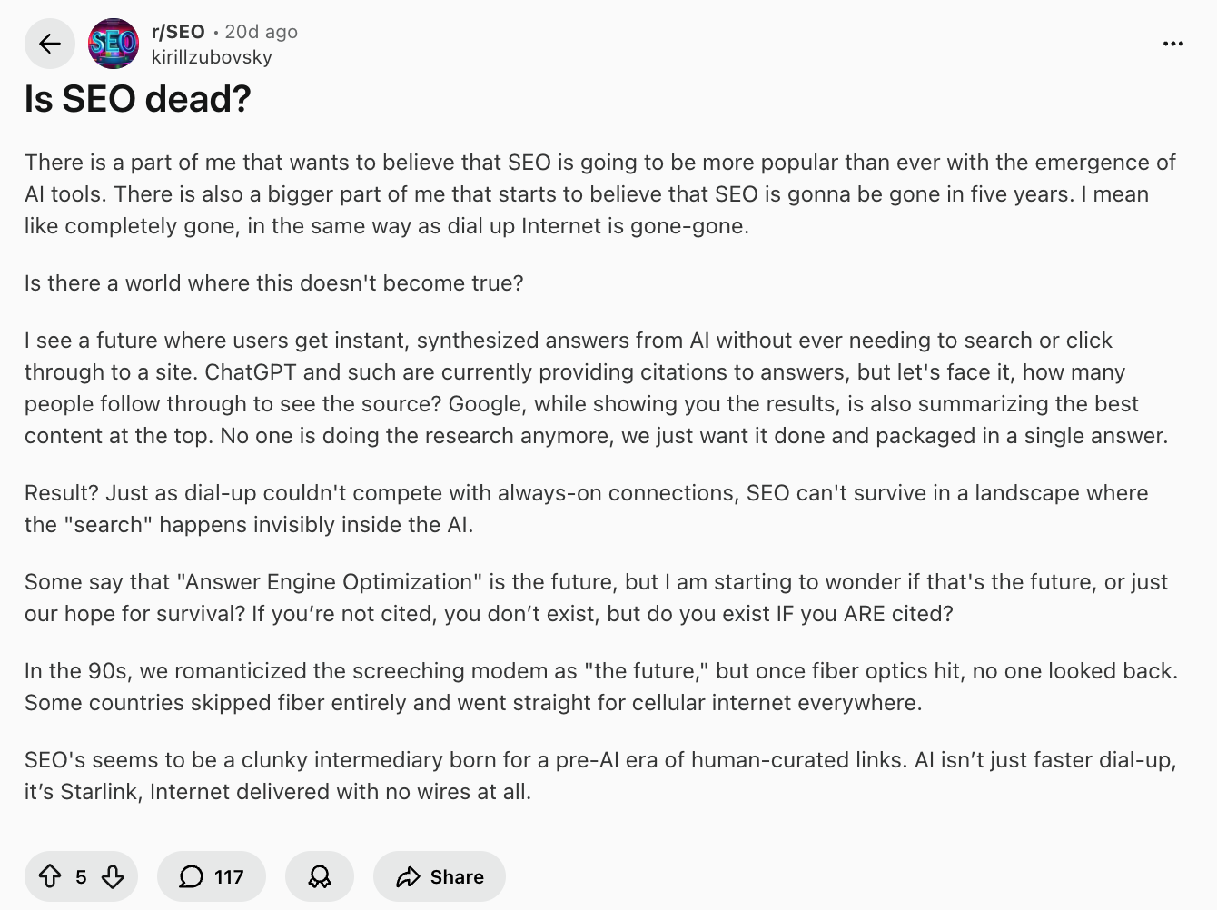 Reddit thread expressing concern that SEO will become obsolete in the future.