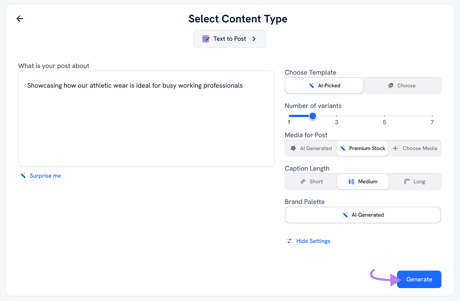 AI Social Content post creation form with text entered and arrow pointing to “Generate” button.