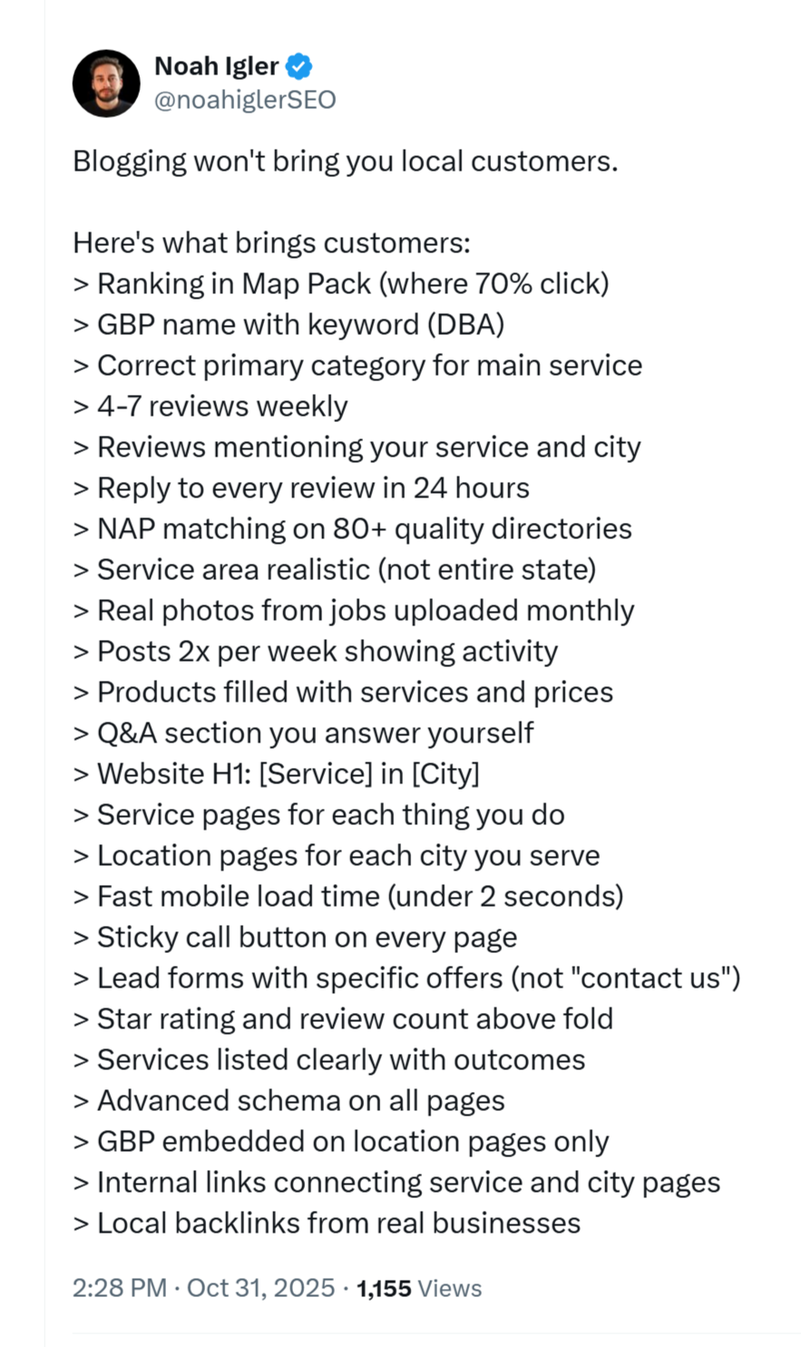 A post on social media platform X from SEO consultant Noah Igler sharing local SEO tips.