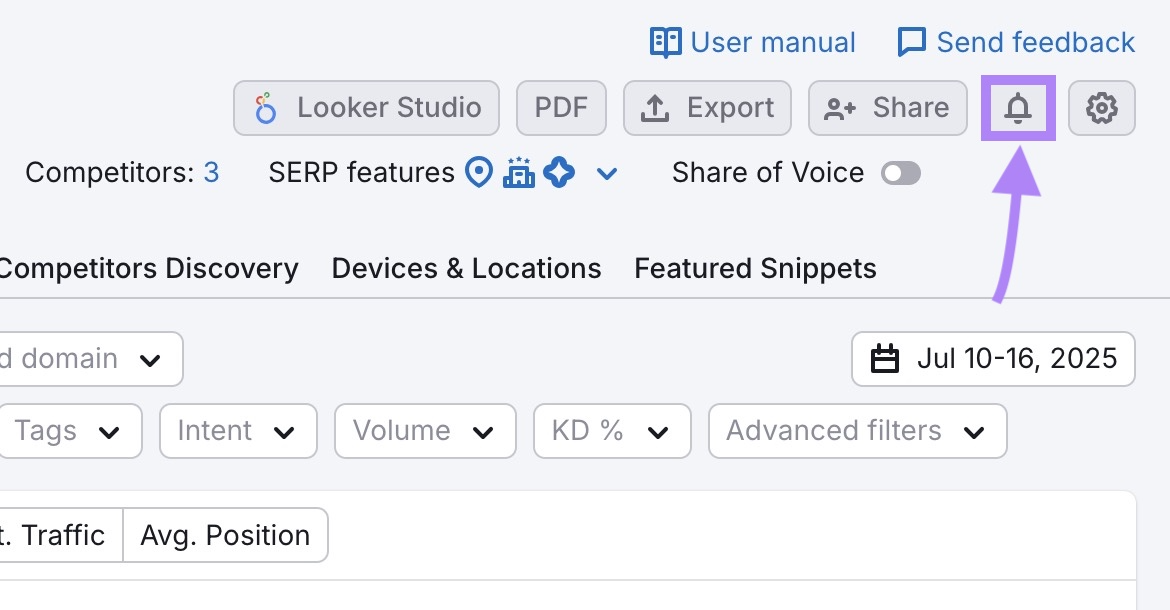 The bell icon at the top of the Position Tracking tool clicked to set up custom alerts.