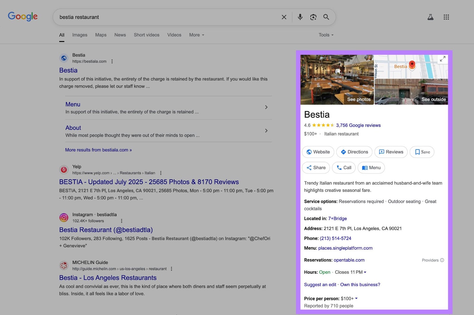 A Google Business Profile highlighted on the right-hand side of the SERP.