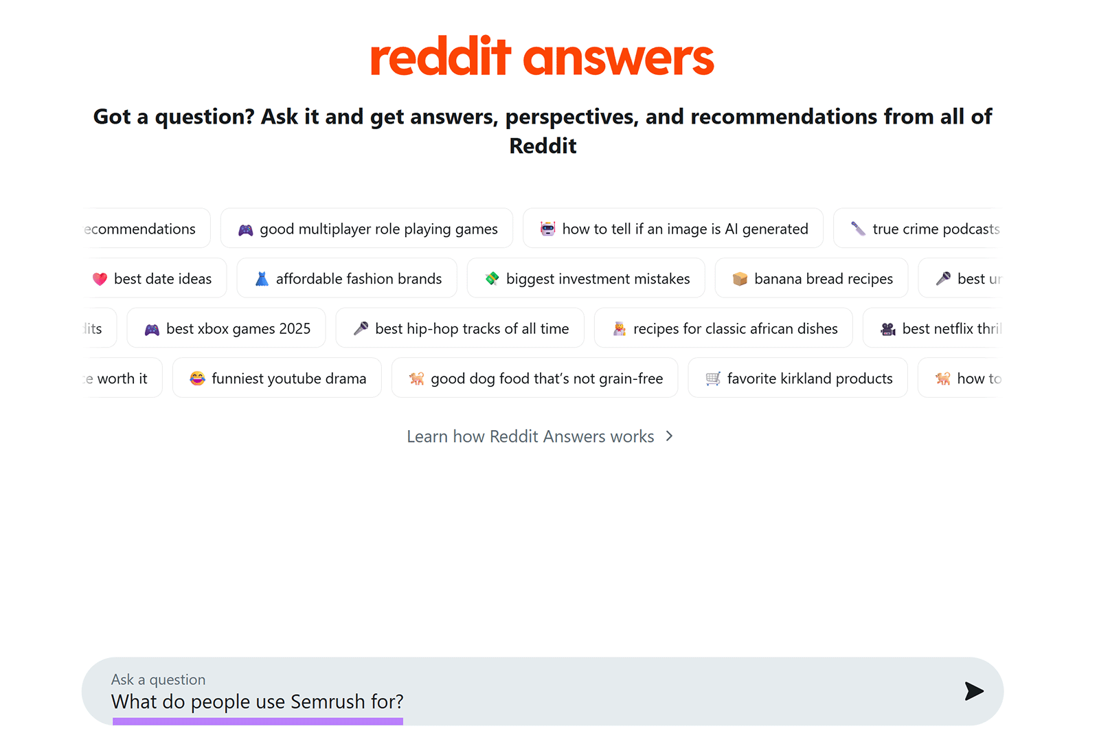 Reddit Answers page showing example queries and Semrush question.